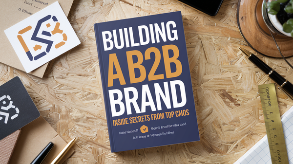 A photo of a book titled "Building a B2B Brand: Inside Secrets from Top CMOs". The book is placed on a wooden surface. 